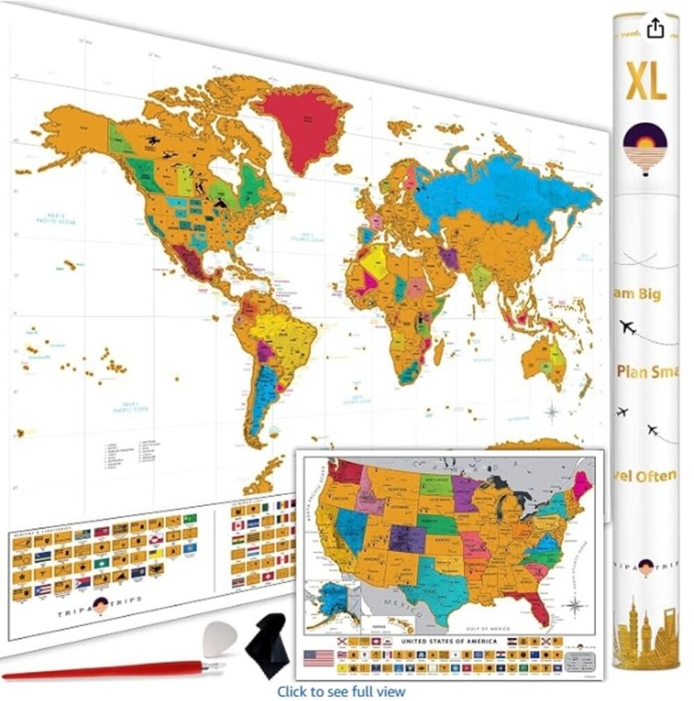 XL Scratch Off World Map 36x24 + USA Map 233 Flags Travel Poster Kit New/OB